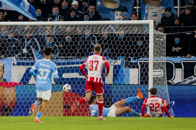 260122 Vasilije Kostov of Crvena Zvezda scores the 0-1 goal during the UEFA Europa League football match between Malmö FF and Crvena Zvezda on January 22, 2026 in Malmö. Photo: Petter Arvidson BILDBYRAN kod PA PA1132 fotboll football soccer fotball uefa europa league europa league malmö ff crvena zvezda bbeng röda stjärnan Copyright: PETTERxARVIDSON BB260122PA106