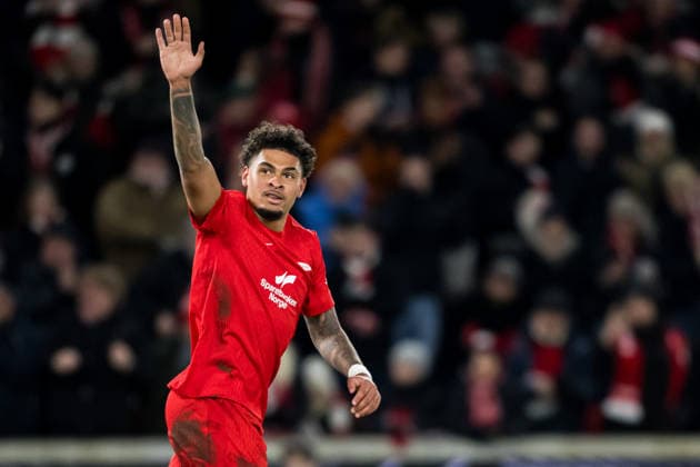 260122 Noah Holm celebrates after scoring 1-1 during the UEFA Europa League football match between Brann and Midtjylland on January 22, 2026 in Bergen. Photo: Marius Simensen BILDBYRAN COP 238 MM0054 bbeng fotboll football soccer fotball uefa europa league brann midtjylland jubel Copyright: MARIUSxSIMENSEN BB260122ZQ019