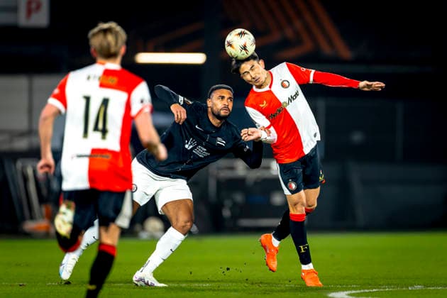SK Sturm Graz forwarder Maurice Malone, SC Feyenoord Rotterdam defender Tsuyoshi Watanabe during the match SC Feyenoord Rotterdam vs SK Sturm Graz at the for the Europa League - League phase - Matchday 7 season 2025-2026 in ROTTERDAM, Netherlands on 22 january 2026, (photo by Marcel van Dorst EYE4images DeFodi Images) -