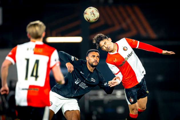 SK Sturm Graz forwarder Maurice Malone, SC Feyenoord Rotterdam defender Tsuyoshi Watanabe during the match SC Feyenoord Rotterdam vs SK Sturm Graz at the for the Europa League - League phase - Matchday 7 season 2025-2026 in ROTTERDAM, Netherlands on 22 january 2026, (photo by Marcel van Dorst EYE4images DeFodi Images) -