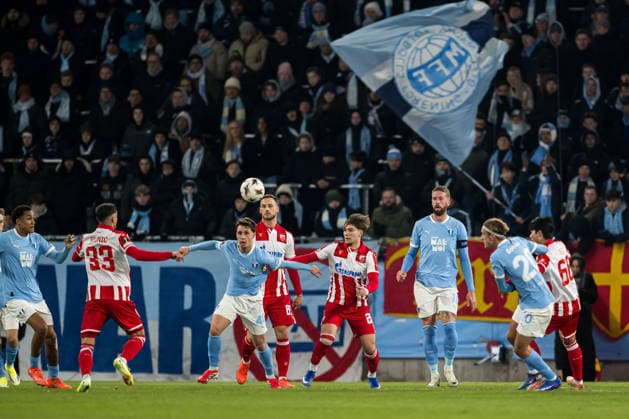 260122 Kenan Busuladzic and Pontus Jansson of Malmö FF against Rade Krunic and Vasilije Kostov of Crvena Zvezda during the UEFA Europa League football match between Malmö FF and Crvena Zvezda on January 22, 2026 in Malmö. Photo: Petter Arvidson BILDBYRAN kod PA PA1132 fotboll football soccer fotball uefa europa league europa league malmö ff crvena zvezda bbeng röda stjärnan Copyright: PETTERxARVIDSON BB260122PA109