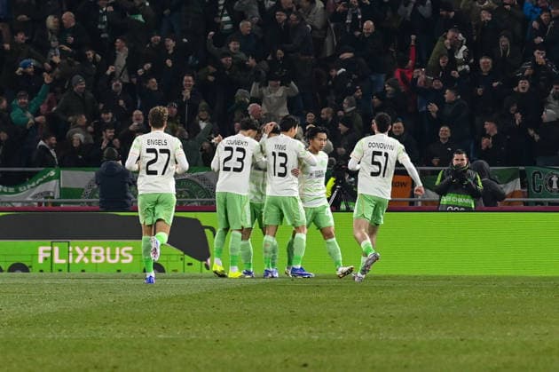 Celtic players celebrating a goal during Bologna FC vs Celtic FC, Football Europa League match in Bologna, Italy, January 22 2026  Copyright: xGianlucaxRicci IPAxSportx xipa-agency.netx xx IPA_70424765 IPA_Agency_IPA70424765