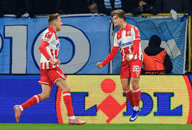Crvena Zvezda s Vasilije Kostov (right) celebrates 1-0 with Vladimir LuÄiÄ‡ during Thursday s Uefa Europa League football match between Malmö FF and Crvena Zvezda at Eleda Stadium in Malmö, Sweden, January 22, 2026. MALMÖ SWEDEN x10600x