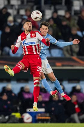 260122 Rade Krunic of Crvena Zvezda and Kenan Busuladzic of Malmö FF during the UEFA Europa League football match between Malmö FF and Crvena Zvezda on January 22, 2026 in Malmö. Photo: Petter Arvidson BILDBYRAN kod PA PA1132 fotboll football soccer fotball uefa europa league europa league malmö ff crvena zvezda bbeng röda stjärnan Copyright: PETTERxARVIDSON BB260122PA123