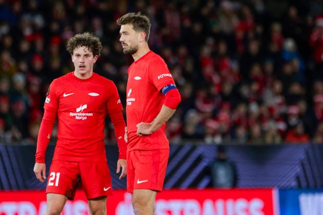 UEFA Europa League SK Brann FC Midtjylland Bergen 20260122 Branns Denzel De Roeve and Fredrik Pallesen Knudsen in the UEFA Europa League match between SK Brann and FC Midtjylland at Brann Stadium Photo Paul S Amundsen NTB Bergen Norway EDITORIAL USE ONLY RESTRICTED USE FOR BETTING COMPANIES  Copyright: xPaulxS.xAmundsenx xNTBx