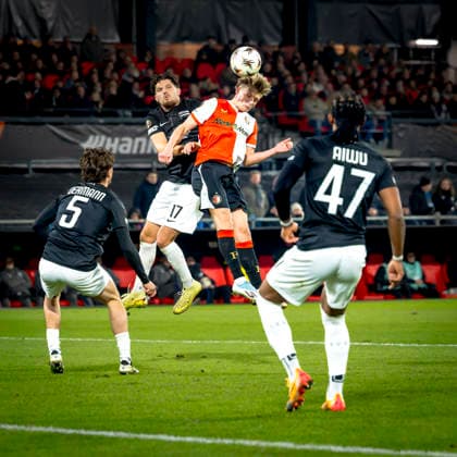 SC Feyenoord Rotterdam midfielder Sem Steijn, SK Sturm Graz midfielder Emir Karic during the match SC Feyenoord Rotterdam vs SK Sturm Graz at the for the Europa League - League phase - Matchday 7 season 2025-2026 in ROTTERDAM, Netherlands on 22 january 2026, (photo by Marcel van Dorst EYE4images DeFodi Images) -
