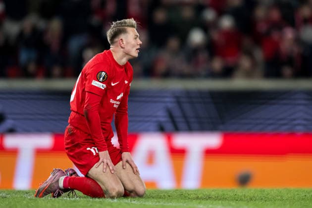 260122 Emil Kornvig of Brann during the UEFA Europa League football match between Brann and Midtjylland on January 22, 2026 in Bergen. Photo: Marius Simensen BILDBYRAN COP 238 MM0054 bbeng fotboll football soccer fotball uefa europa league brann midtjylland Copyright: MARIUSxSIMENSEN BB260122ZU018