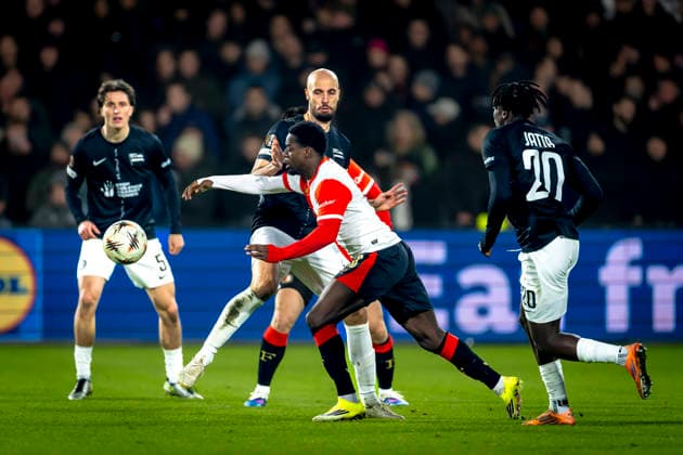 SC Feyenoord Rotterdam defender Jordan Lotomba, SK Sturm Graz midfielder Jon Gorenc Stankovic during the match SC Feyenoord Rotterdam vs SK Sturm Graz at the for the Europa League - League phase - Matchday 7 season 2025-2026 in ROTTERDAM, Netherlands on 22 january 2026, (photo by Marcel van Dorst EYE4images DeFodi Images) -