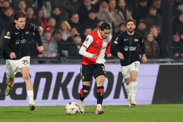 2026-01-22 Feyenoord v SK Sturm Graz - UEFA Europa League, League phase, MD7 ROTTERDAM, NETHERLANDS - JANUARY 22: Anis Hadj Moussa of Feyenoord runs with the ball during the UEFA Europa League, League phase, MD7 match between Feyenoord and SK Sturm Graz at Stadion Feijenoord on January 22, 2026 in Rotterdam, Netherlands. Rotterdam Stadion Feijenoord Netherlands Content not available for redistribution in The Netherlands directly or indirectly through any third parties. Copyright: xHansxvanxderxValkx