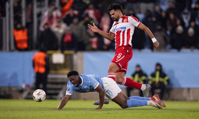 Crvena Zvezda s Rodrigao and Malmö s Emmanuel Ekong during Thursday s Uefa Europa League football match between Malmö FF and Crvena Zvezda at Eleda Stadium in Malmö, Sweden, January 22, 2026. MALMÖ SWEDEN x10600x