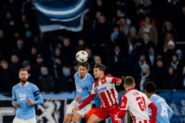 260122 Kenan Busuladzic of Malmö FF and Vasilije Kostov of Crvena Zvezda during the UEFA Europa League football match between Malmö FF and Crvena Zvezda on January 22, 2026 in Malmö. Photo: Petter Arvidson BILDBYRAN kod PA PA1132 fotboll football soccer fotball uefa europa league europa league malmö ff crvena zvezda bbeng röda stjärnan Copyright: PETTERxARVIDSON BB260122PA140