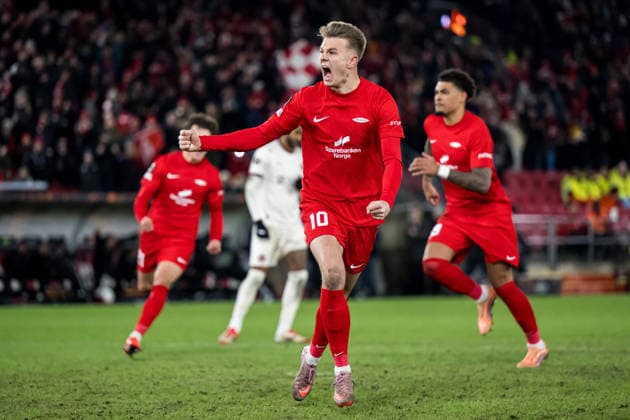 260122 Emil Kornvig of Brann celebrates after scoring 2-2 during the UEFA Europa League football match between Brann and Midtjylland on January 22, 2026 in Bergen. Photo: Marius Simensen BILDBYRAN COP 238 MM0054 bbeng fotboll football soccer fotball uefa europa league brann midtjylland jubel Copyright: MARIUSxSIMENSEN BB260122ZN033
