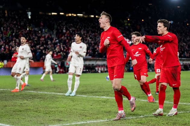 260122 Emil Kornvig of Brann celebrates after scoring 2-2 during the UEFA Europa League football match between Brann and Midtjylland on January 22, 2026 in Bergen. Photo: Marius Simensen BILDBYRAN COP 238 MM0054 bbeng fotboll football soccer fotball uefa europa league brann midtjylland jubel Copyright: MARIUSxSIMENSEN BB260122ZT018