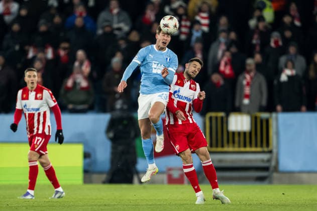 260122 Lasse Berg Johnsen of Malmö FF and Timi Max Elsnik of Crvena Zvezda during the UEFA Europa League football match between Malmö FF and Crvena Zvezda on January 22, 2026 in Malmö. Photo: Petter Arvidson BILDBYRAN kod PA PA1132 fotboll football soccer fotball uefa europa league europa league malmö ff crvena zvezda bbeng röda stjärnan Copyright: PETTERxARVIDSON BB260122PA155