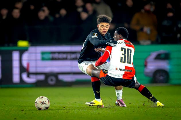 SK Sturm Graz midfielder Jacob Hodi, SC Feyenoord Rotterdam defender Jordan Lotomba during the match SC Feyenoord Rotterdam vs SK Sturm Graz at the for the Europa League - League phase - Matchday 7 season 2025-2026 in ROTTERDAM, Netherlands on 22 january 2026, (photo by Marcel van Dorst EYE4images DeFodi Images) -