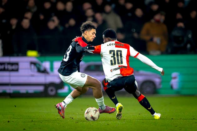 SK Sturm Graz midfielder Jacob Hodi, SC Feyenoord Rotterdam defender Jordan Lotomba during the match SC Feyenoord Rotterdam vs SK Sturm Graz at the for the Europa League - League phase - Matchday 7 season 2025-2026 in ROTTERDAM, Netherlands on 22 january 2026, (photo by Marcel van Dorst EYE4images DeFodi Images) -