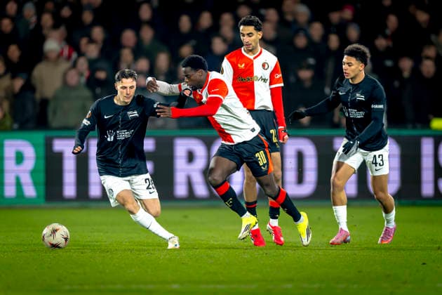 SK Sturm Graz defender Sebastian Pirker, SC Feyenoord Rotterdam defender Jordan Lotomba during the match SC Feyenoord Rotterdam vs SK Sturm Graz at the for the Europa League - League phase - Matchday 7 season 2025-2026 in ROTTERDAM, Netherlands on 22 january 2026, (photo by Marcel van Dorst EYE4images DeFodi Images) -