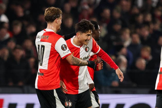 2026-01-22 Feyenoord v SK Sturm Graz - UEFA Europa League, League phase, MD7 ROTTERDAM, NETHERLANDS - JANUARY 22: Luciano Valente of Feyenoord, Tsuyoshi Watanabe of Feyenoord celebrates after scoring the third goal of the team during the UEFA Europa League, League phase, MD7 match between Feyenoord and SK Sturm Graz at Stadion Feijenoord on January 22, 2026 in Rotterdam, Netherlands. Rotterdam Stadion Feijenoord Netherlands Content not available for redistribution in The Netherlands directly or indirectly through any third parties. Copyright: xHansxvanxderxValkx