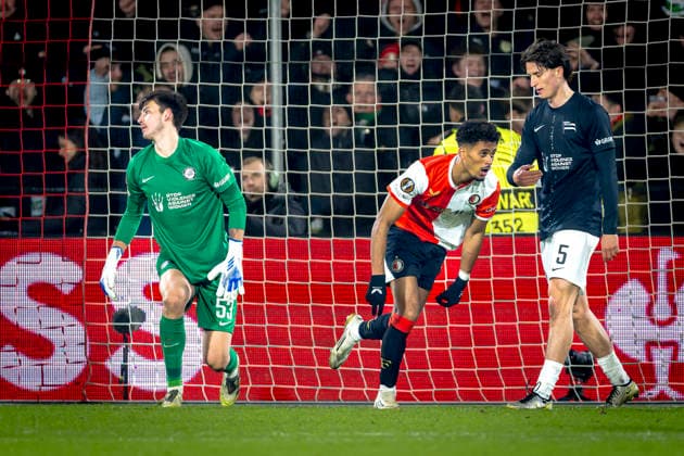 SC Feyenoord Rotterdam forwarder Goncalo Borges scores the 3-0 and celebrating the goal during the match SC Feyenoord Rotterdam vs SK Sturm Graz at the for the Europa League - League phase - Matchday 7 season 2025-2026 in ROTTERDAM, Netherlands on 22 january 2026, (photo by Marcel van Dorst EYE4images DeFodi Images) -