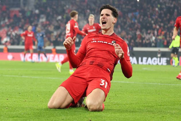 22.01.2026, xrekx, Fussball UEFA Europa League, SC Freiburg - Maccabi Tel Aviv v.l. Torjubel nach dem Tor zum celebrating the goal celebrate 1:0 durch Igor Matanovic (SC Freiburg) (DFL DFB REGULATIONS PROHIBIT ANY USE OF PHOTOGRAPHS as IMAGE SEQUENCES and or QUASI-VIDEO) Freiburg