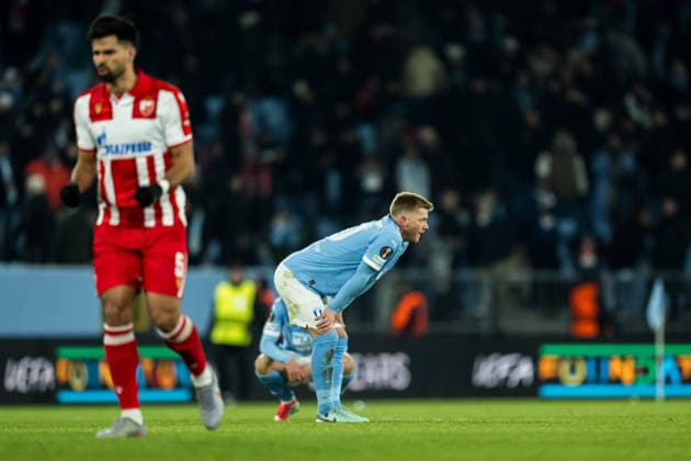 260122 Anders Christiansen of Malmö FF looks dejected after the UEFA Europa League football match between Malmö FF and Crvena Zvezda on January 22, 2026 in Malmö. fotboll football soccer fotball uefa europa league europa league malmö ff crvena zvezda bbeng röda stjärnan bbauto depp Copyright: PETTERxARVIDSON BB260122PA158