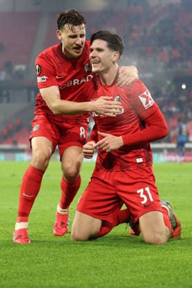 22.01.2026, xrekx, Fussball UEFA Europa League, SC Freiburg - Maccabi Tel Aviv v.l. Torjubel nach dem Tor zum celebrating the goal celebrate 1:0 durch Igor Matanovic (SC Freiburg) mit Maximilian Eggestein (SC Freiburg) (DFL DFB REGULATIONS PROHIBIT ANY USE OF PHOTOGRAPHS as IMAGE SEQUENCES and or QUASI-VIDEO) Freiburg