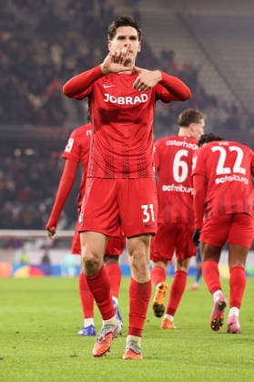 22.01.2026, xrekx, Fussball UEFA Europa League, SC Freiburg - Maccabi Tel Aviv v.l. Torjubel nach dem Tor zum celebrating the goal celebrate 1:0 durch Igor Matanovic (SC Freiburg) (DFL DFB REGULATIONS PROHIBIT ANY USE OF PHOTOGRAPHS as IMAGE SEQUENCES and or QUASI-VIDEO) Freiburg