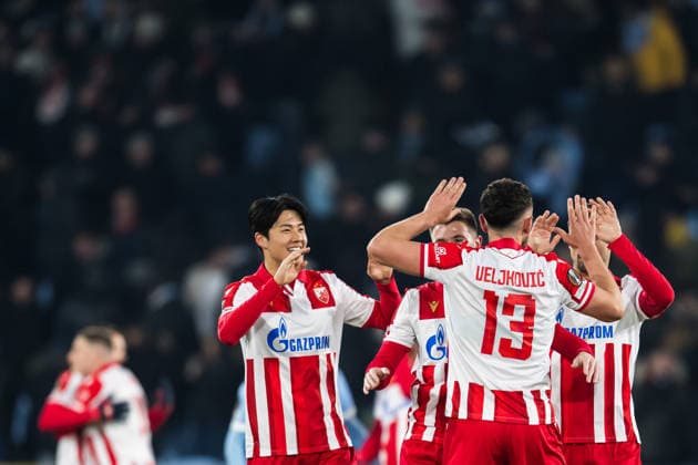 260122 Players of Crvena Zvezda celebrate after the UEFA Europa League football match between Malmö FF and Crvena Zvezda on January 22, 2026 in Malmö. Photo: Petter Arvidson BILDBYRAN kod PA PA1132 fotboll football soccer fotball uefa europa league europa league malmö ff crvena zvezda bbeng röda stjärnan jubel Copyright: PETTERxARVIDSON BB260122PA168