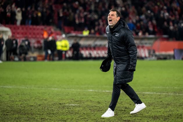 260122 Head coach Freyr Alexandersson of Brann celebrates after the UEFA Europa League football match between Brann and Midtjylland on January 22, 2026 in Bergen. Photo: Marius Simensen BILDBYRAN COP 238 MM0054 bbeng fotboll football soccer fotball uefa europa league brann midtjylland jubel Copyright: MARIUSxSIMENSEN BB260122ZH027