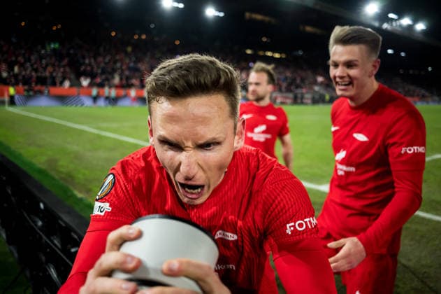 260122 Joachim Soltvedt of Brann celebrates after 3-3 during the UEFA Europa League football match between Brann and Midtjylland on January 22, 2026 in Bergen. Photo: Marius Simensen BILDBYRAN COP 238 MM0054 bbeng fotboll football soccer fotball uefa europa league brann midtjylland jubel Copyright: MARIUSxSIMENSEN BB260122ZT025
