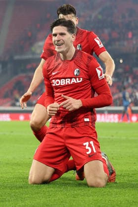 22.01.2026, xrekx, Fussball UEFA Europa League, SC Freiburg - Maccabi Tel Aviv v.l. Torjubel nach dem Tor zum celebrating the goal celebrate 1:0 durch Igor Matanovic (SC Freiburg) (DFL DFB REGULATIONS PROHIBIT ANY USE OF PHOTOGRAPHS as IMAGE SEQUENCES and or QUASI-VIDEO) Freiburg