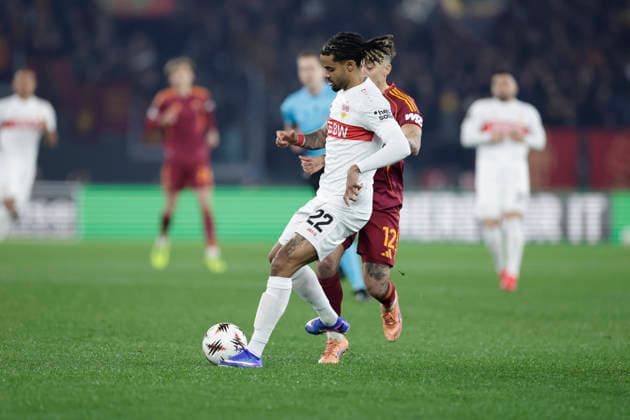 UEFA Europa League phase match day 7 AS Roma vs VfB Stuttgart Stuttgart s French defender Lorenz Assignon controls the ball during UEFA Europa League phase match day 7 between AS Roma vs VfB Stuttgart at Olimpico stadium on November 22, 2026 in Rome, Italy. _BPH8981 Copyright: xAntonioxBalascox