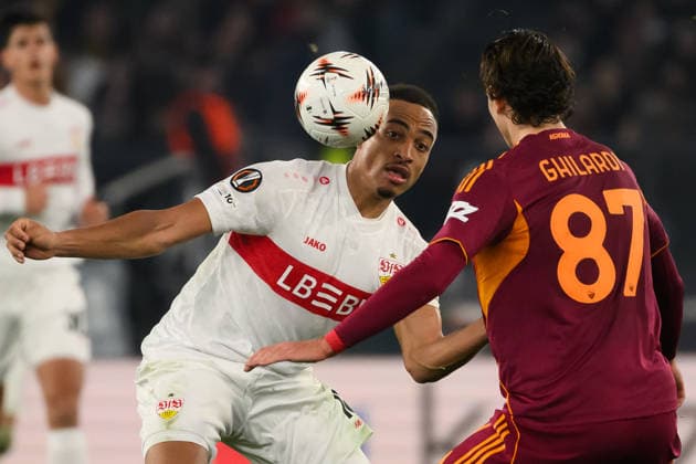 Jamie Leweling of Stuttgart and Daniele Ghilardi of AS Roma compete for the ball during the UEFA Europa League 2025 2026 football match between AS Roma and Vfb Stuttgart at Stadio Olimpico in Rome (Italy), January 22, 2026. AndreaxStaccioli
