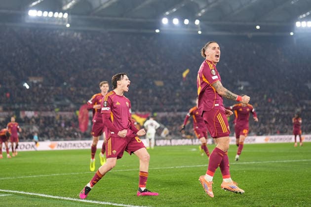 Roma™s Niccolo Pisilli celebrates after scoring during the Uefa Europa League soccer match between Roma and VFB Stuttgart at the Olympic Stadium in Rome, Italy - Thursday, January 22, 2026. - Soccer .  Copyright: xAlfredoxFalcone LaPressex