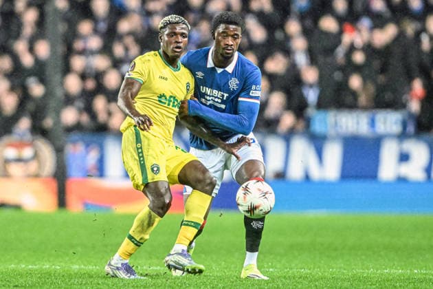 Rangers v Ludogorets Razgrad UEFA Europa League Jayden Meghoma of Rangers and Yves Erick Bile of Ludogorets Razgrad during the UEFA Europa League match at Ibrox Stadium, Glasgow 22 01 2026 UK Newspapers OUT Copyright: xJamiexJohnstonx FIL-22851-0027