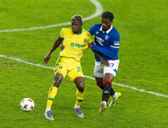Emmanuel Fernandez of Rangers in action with Yves Erick Bile of Ludogorats during UEFA Europa League league phase match at Ibrox Stadium, Glasgow. Rangers v Ludogorats - UEFA Europa League - League Phase - Ibrox Stadium, Glasgow, Lanarkshire, Scotland, UK - 22 Jan 2026Glasgow Ibrox Stadium Lanarkshire, Scotland United Kingdom EDITORIAL USE ONLY  Copyright: xRangersxFC Shutterstockx 16394122g