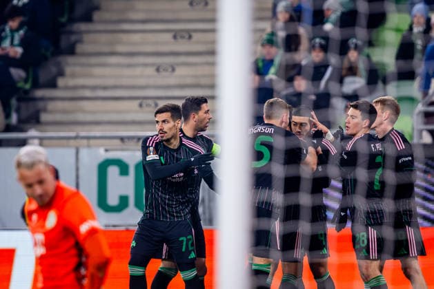 FERENCVAROS - PANATHINAIKOS Anass Zaroury of Panathinaikos celebrates a goal with his teammates during the league phase of UEFA Europa league football match between Ferencvarosi TC and Panathinaikos FC. Groupama Arena, Ferencvaros Arena, Budapest, Hungary, January 22, 2026. Photo by Branislav Racko Copyright: xx 080A7555