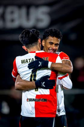 SC Feyenoord Rotterdam defender Tsuyoshi Watanabe, SC Feyenoord Rotterdam forwarder Goncalo Borges celebrating the goal during the match SC Feyenoord Rotterdam vs SK Sturm Graz at the for the Europa League - League phase - Matchday 7 season 2025-2026 in ROTTERDAM, Netherlands on 22 january 2026, (photo by Marcel van Dorst EYE4images DeFodi Images) -