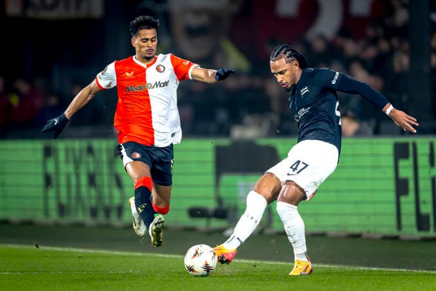 SC Feyenoord Rotterdam forwarder Goncalo Borges, SK Sturm Graz defender Emanuel Aiwu during the match SC Feyenoord Rotterdam vs SK Sturm Graz at the for the Europa League - League phase - Matchday 7 season 2025-2026 in ROTTERDAM, Netherlands on 22 january 2026, (photo by Marcel van Dorst EYE4images DeFodi Images) -