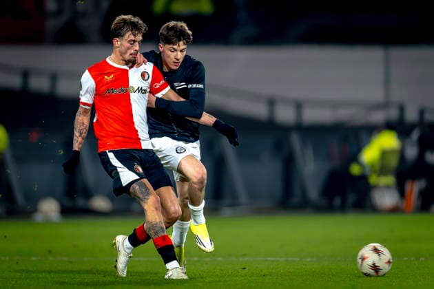 SC Feyenoord Rotterdam midfielder Luciano Valente, SK Sturm Graz midfielder Filip Rozga during the match SC Feyenoord Rotterdam vs SK Sturm Graz at the for the Europa League - League phase - Matchday 7 season 2025-2026 in ROTTERDAM, Netherlands on 22 january 2026, (photo by Marcel van Dorst EYE4images DeFodi Images) -