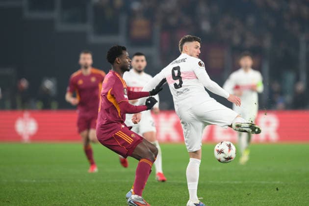 22nd January 2026, Stadio Olimpico, Rome, Italy; UEFA Europa League Football; Roma versus Stuttgart; Ermedin Demirovic of VfB Stuttgart under pressure from Evan Ndicka of AS Roma  AllShotLive Content restricted for UK based newspaper