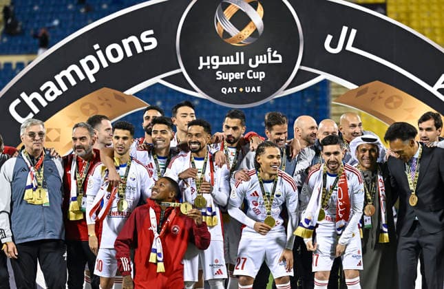 Al-Gharafa v Sharjah - SuperCup Qatar-UAE The players of Sharjah celebrate after winning the the Super Cup QatarÐUAE match between QatarÕs Al-Gharafa and UAEÕs Sharjah at Thani Bin Jassim Stadium in Doha, Qatar, on January 22, 2026. DOHA Qatar Copyright: xNOUSHADxTHEKKAYILx