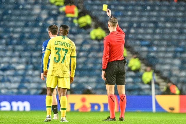 Rangers v Ludogorets Razgrad UEFA Europa League Nicolas Raskin of Rangers is shown a yellow card by the match referee Manfredas Lukjancukas during the UEFA Europa League match at Ibrox Stadium, Glasgow 22 01 2026 UK Newspapers OUT Copyright: xJamiexJohnstonx FIL-22851-0046