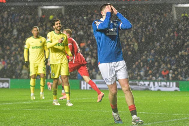 Rangers v Ludogorets Razgrad UEFA Europa League Nicolas Raskin of Rangers reacts after a missed chance during the UEFA Europa League match at Ibrox Stadium, Glasgow 22 01 2026 UK Newspapers OUT Copyright: xJamiexJohnstonx FIL-22851-0084