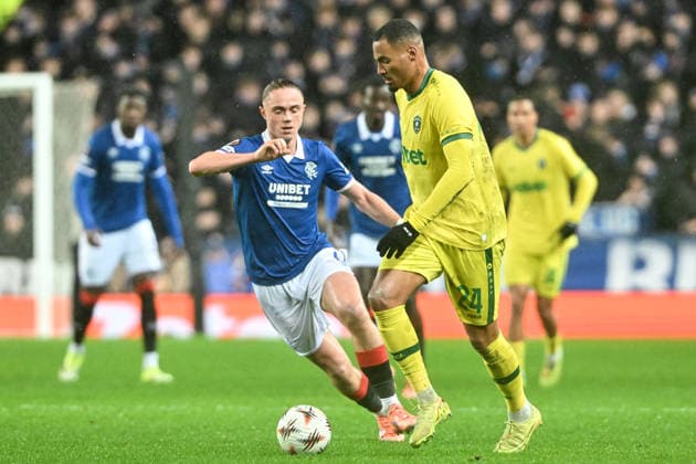 Rangers v Ludogorets Razgrad UEFA Europa League Thelo Aasgaard of Rangers and Olivier Verdon of Ludogorets Razgrad during the UEFA Europa League match at Ibrox Stadium, Glasgow 22 01 2026 UK Newspapers OUT Copyright: xJamiexJohnstonx FIL-22851-0108
