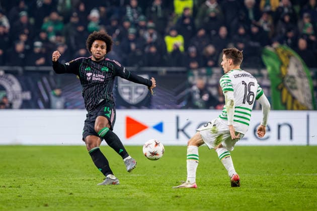 FERENCVAROS - PANATHINAIKOS Kristoffer Zachariassen of Ferencvaros and Erik Palmer Brown of Panathinaikos during the league phase of UEFA Europa league football match between Ferencvarosi TC and Panathinaikos FC. Groupama Arena, Ferencvaros Arena, Budapest, Hungary, January 22, 2026. Photo by Branislav Racko Copyright: xx 080A7254