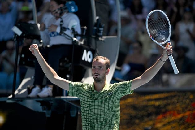 TENNIS AUSTRALIAN OPEN, Daniil Medvedev of Russia celebrates match point during the Men™s 3rd round match against Fabian Marozsan of Hungary on day 6 of the 2026 Australian Open tennis tournament at Melbourne Park in Melbourne, Friday, January 23, 2026. ( NO ARCHIVING MELBOURNE VICTORIA AUSTRALIA  Copyright: xLUKASxCOCHx 20260123126018363797