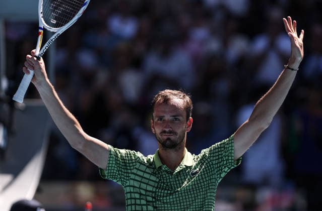 (260123) -- MELBOURNE, Jan. 23, 2026 -- Daniil Medvedev of Russia celebrates after winning the men s singles 3rd round match against Fabian Marozsan of Hungary at the Australian Open tennis tournament in Melbourne, Australia, Jan. 23, 2026. ) (SP)AUSTRALIA-MELBOURNE-TENNIS-AUSTRALIAN OPEN-MEN S SINGLES MaxPing 