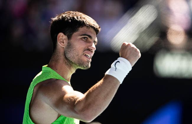 (260123) -- MELBOURNE, Jan. 23, 2026 -- Carlos Alcaraz of Spain celebrates winning after the men s singles 3rd round match against Corentin Moutet of France at the Australian Open tennis tournament in Melbourne, Australia, Jan. 23, 2026. (Photo by Xinhua) (SP)AUSTRALIA-MELBOURNE-TENNIS-AUSTRALIAN OPEN-MEN S SINGLES HuxJingchen 