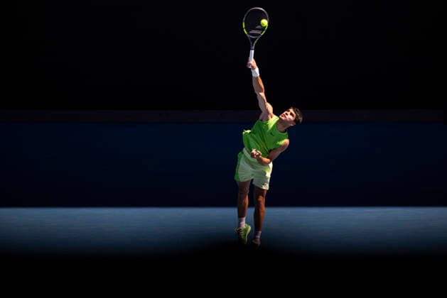 (260123) -- MELBOURNE, Jan. 23, 2026 -- Carlos Alcaraz of Spain serves during the men s singles 3rd round match against Corentin Moutet of France at the Australian Open tennis tournament in Melbourne, Australia, Jan. 23, 2026. (Photo by Xinhua) (SP)AUSTRALIA-MELBOURNE-TENNIS-AUSTRALIAN OPEN-MEN S SINGLES HuxJingchen 